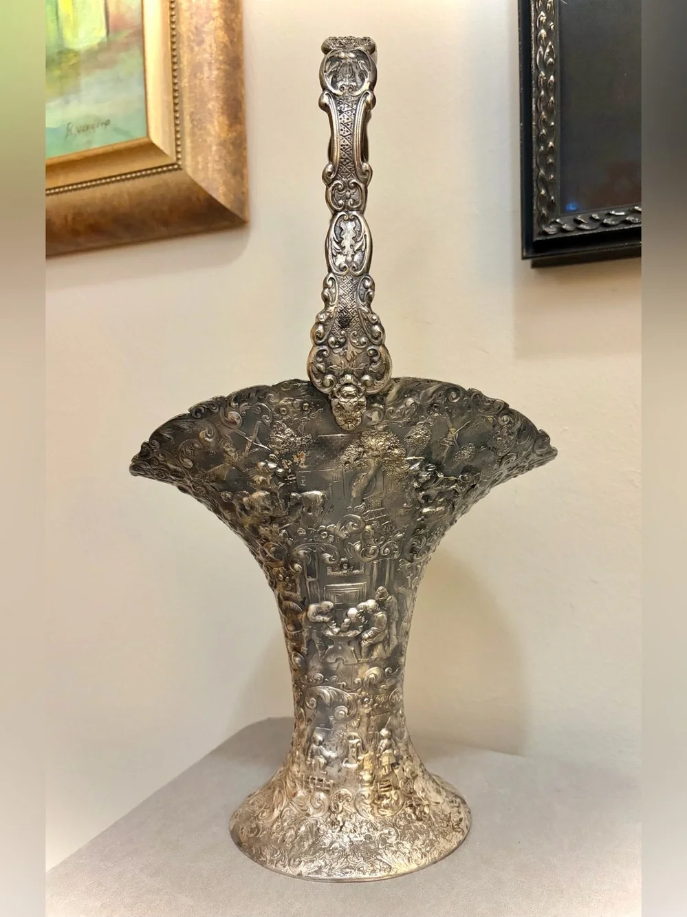 Antique Barbour SP Co 3737 Silver Plate Repoussé Bride’s Basket with Handle 16”